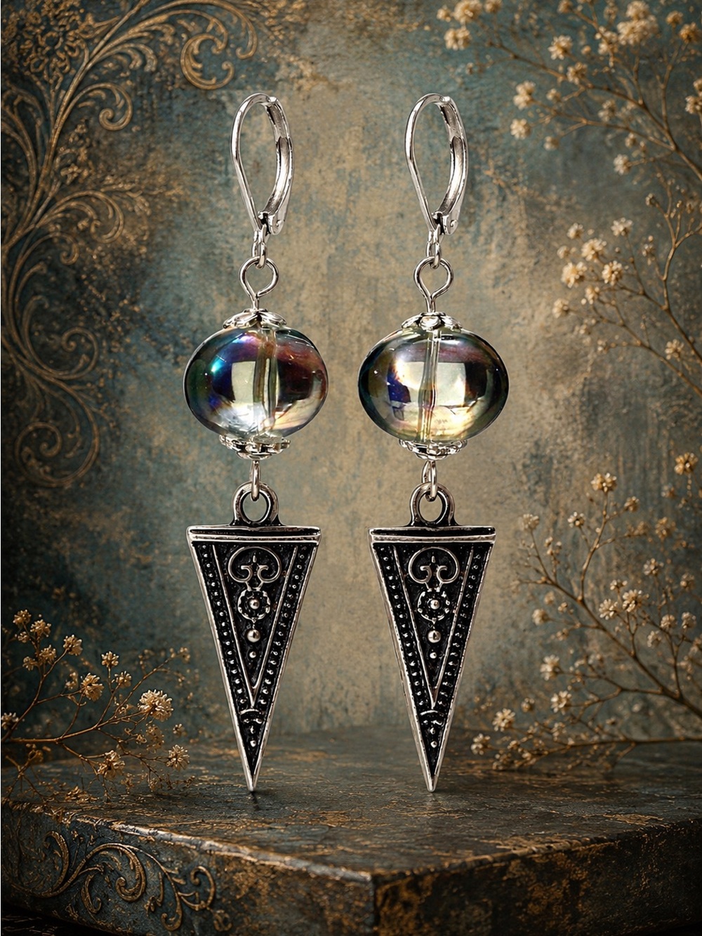 AB Iridescent Czech Glass Earrings • Silver Boho Dangle